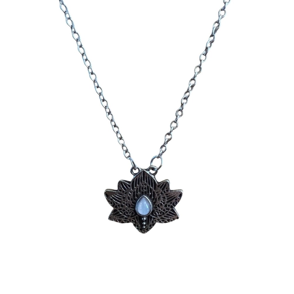 Silver Tone Lotus Flower Mandala Pendant Necklace Faux Moonstone Boho Chic